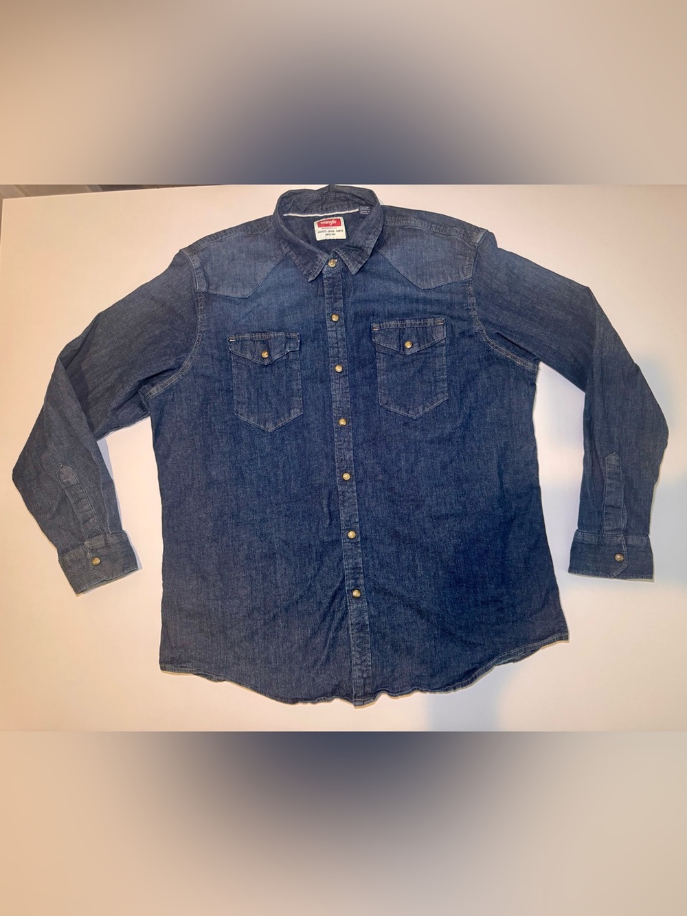 Wrangler Denim Western Snap Shirt Blue Long Sleeve Pearl Snap Button Up Sz XL